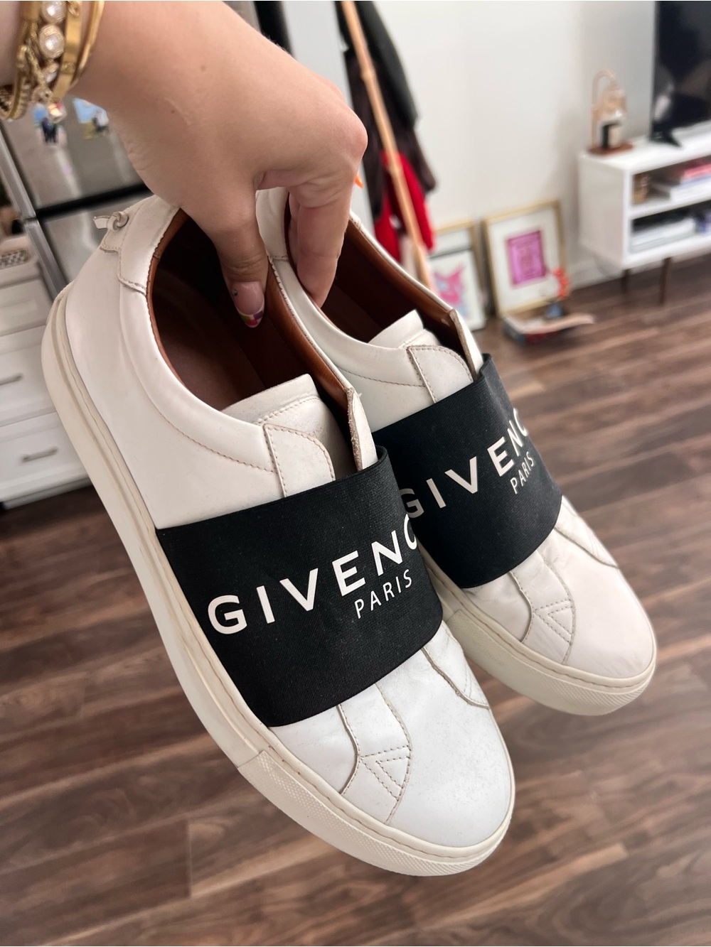 Givenchy White Leather Slip-On Sneakers with Black Logo Band